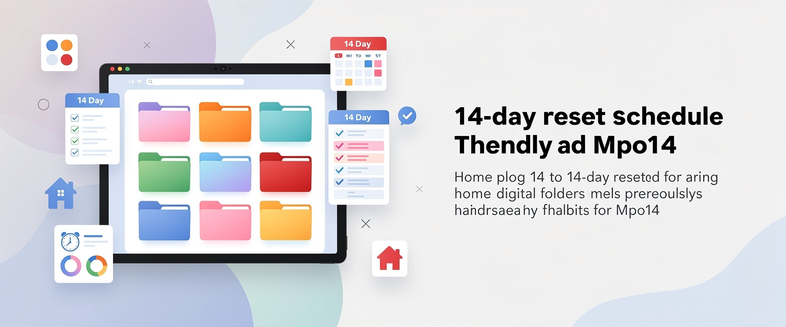 Ilustrasi folder digital rapi dalam dua minggu untuk Mpo14 dengan tema reset 14 hari untuk rumah, folder digital, jadwal, dan kebiasaan tertunda.