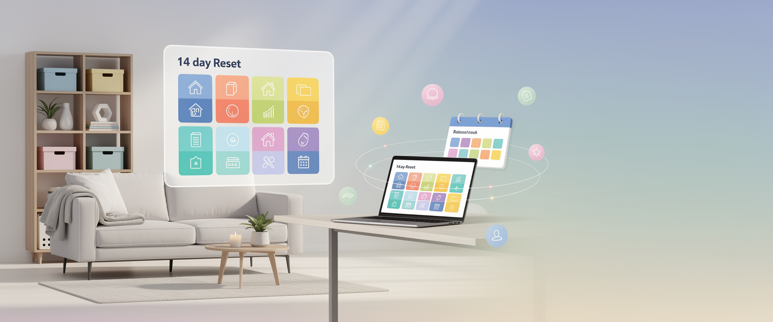 Ilustrasi reset 14 hari untuk rumah dan jadwal untuk Mpo14 dengan tema reset 14 hari untuk rumah, folder digital, jadwal, dan kebiasaan tertunda.